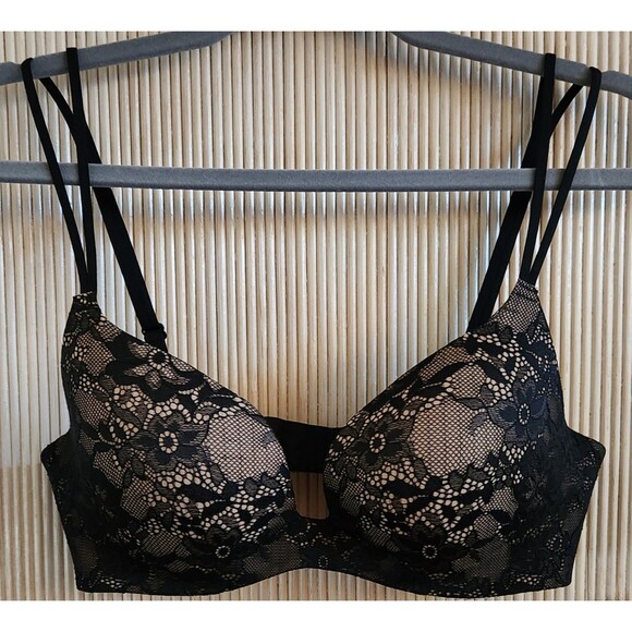 Victoria's Secret Other - Victoria's Secret Bra Size 34D Angels Secret Embrace Black Lace Over Beige EUC